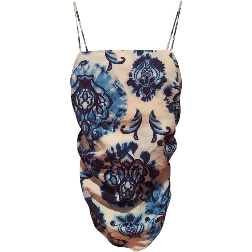 Zara Womens Regency‎ Core Blue White Damask Tie Dye Ruched Spaghetti Strap Top M